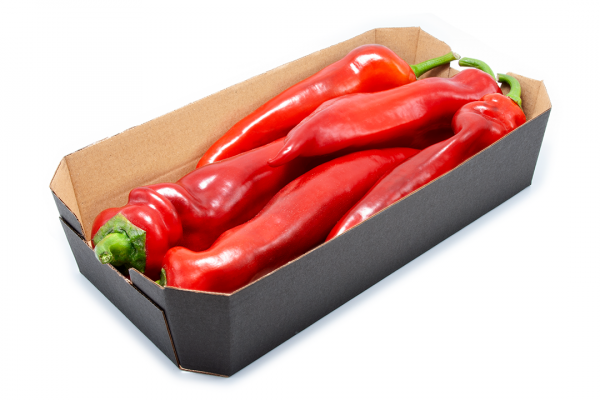 Barqueta de cartón abierta octogonal negra con pimientos rojos - ENBOX