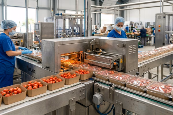 Línea de termosellado con barquetas de cartón kraft para tomate en planta hortofrutícola