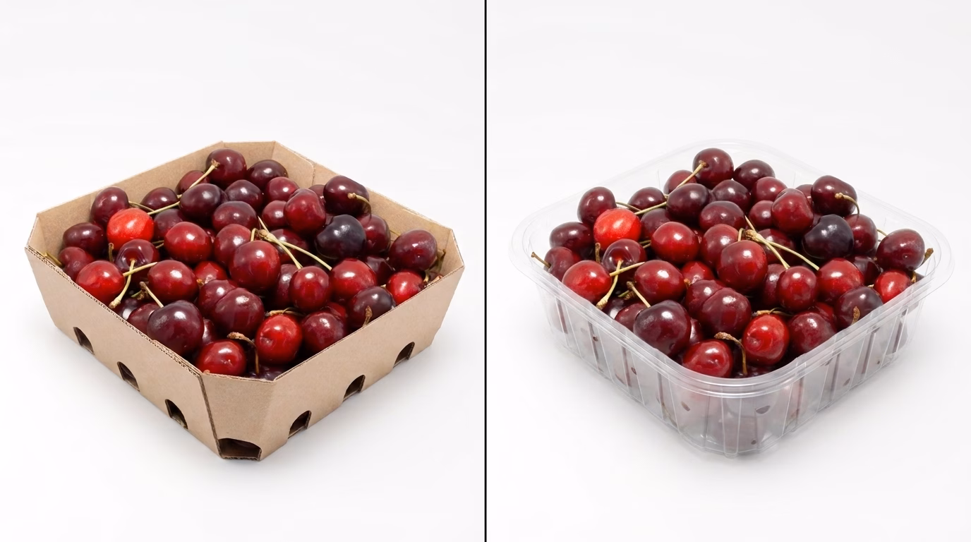 Comparativa de envase de cartón Synergy de ENBOX con cerezas (izquierda) frente a envase de plástico PET con cerezas (derecha) — análisis de huella de carbono
