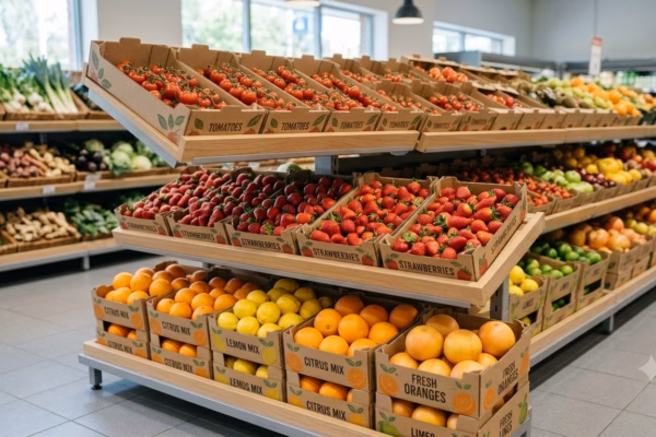 Lineal de supermercado con frutas y verduras envasadas en cartón sostenible conforme al PPWR — exigencias de Lidl, Mercadona y Carrefour a proveedores hortofrutícolas