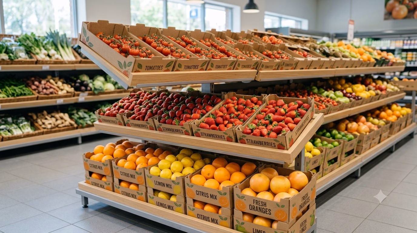 Lineales de supermercado con frutas y verduras envasadas en cajas de cartón sostenible — exigencias PPWR a proveedores hortofrutícolas