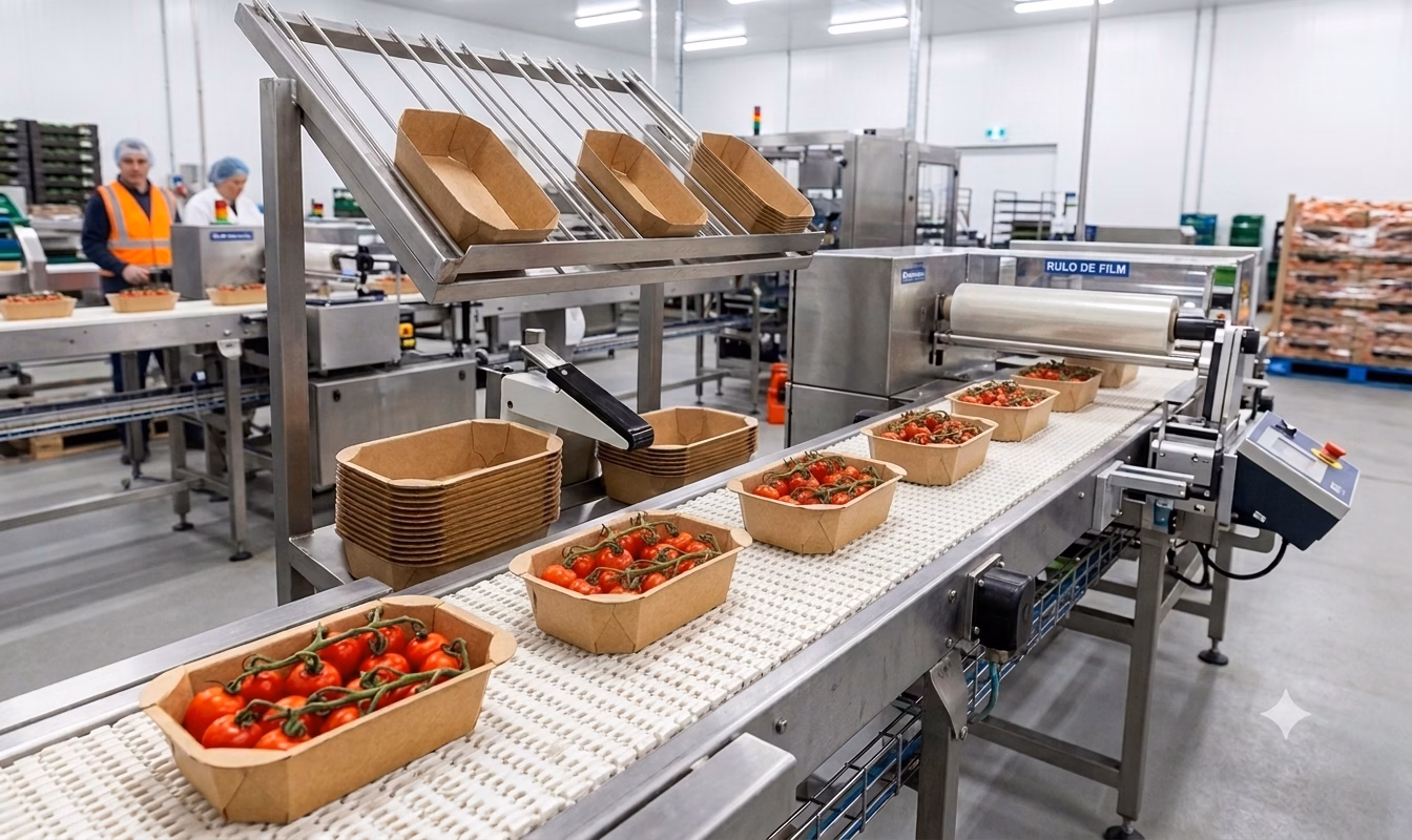 Línea de termosellado con bandejas Synergy de cartón Kraft para frutas y hortalizas — ENBOX