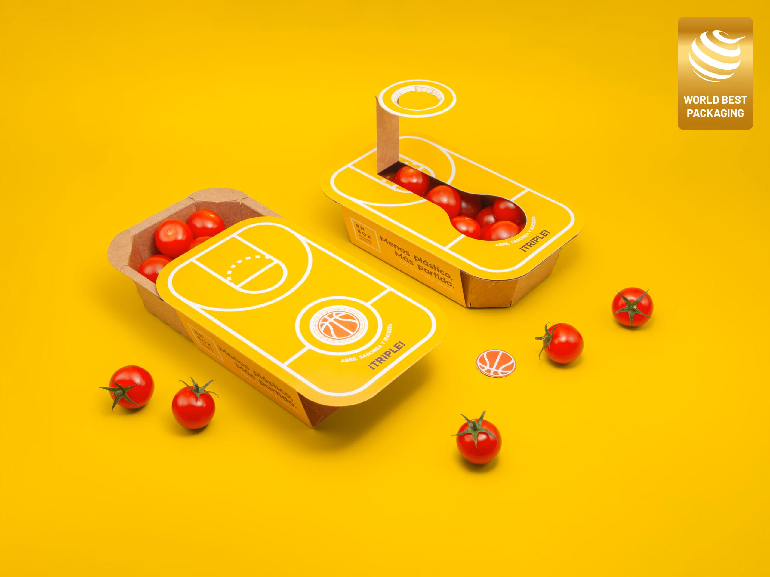 Barqueta de cartón ENBOX con diseño de cancha de baloncesto y tomate cherry, ganadora del Gold World Best Packaging 2026
